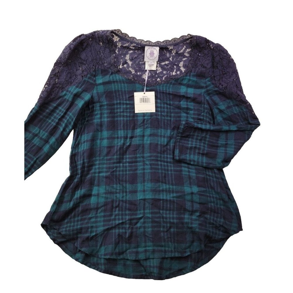NEW Muche Muchette Women's OS Tartan Plaid Lace Back Blouse 3/4 Sleeve NWT